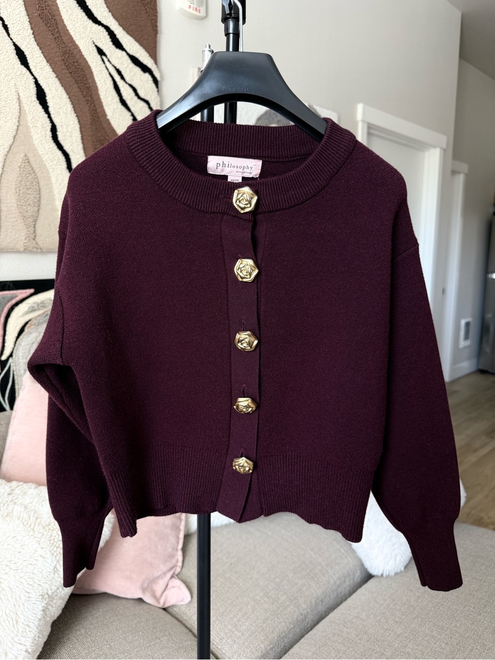 Philosophy Cropped Burgundy Cardigan with Gold Rose Buttons